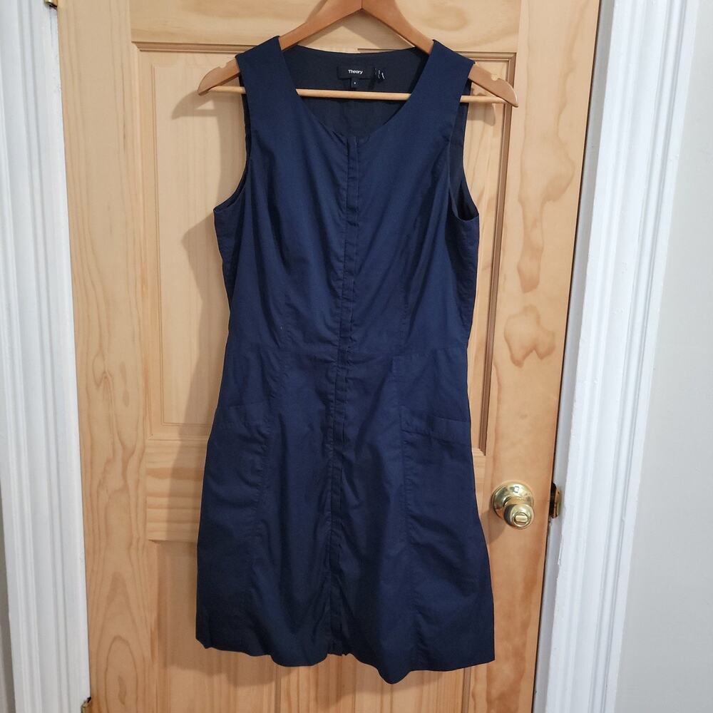 Theory Navy Cotton Poplin Full Zip Front Sleeveless Dress Size 8 - Picture 3 of 11